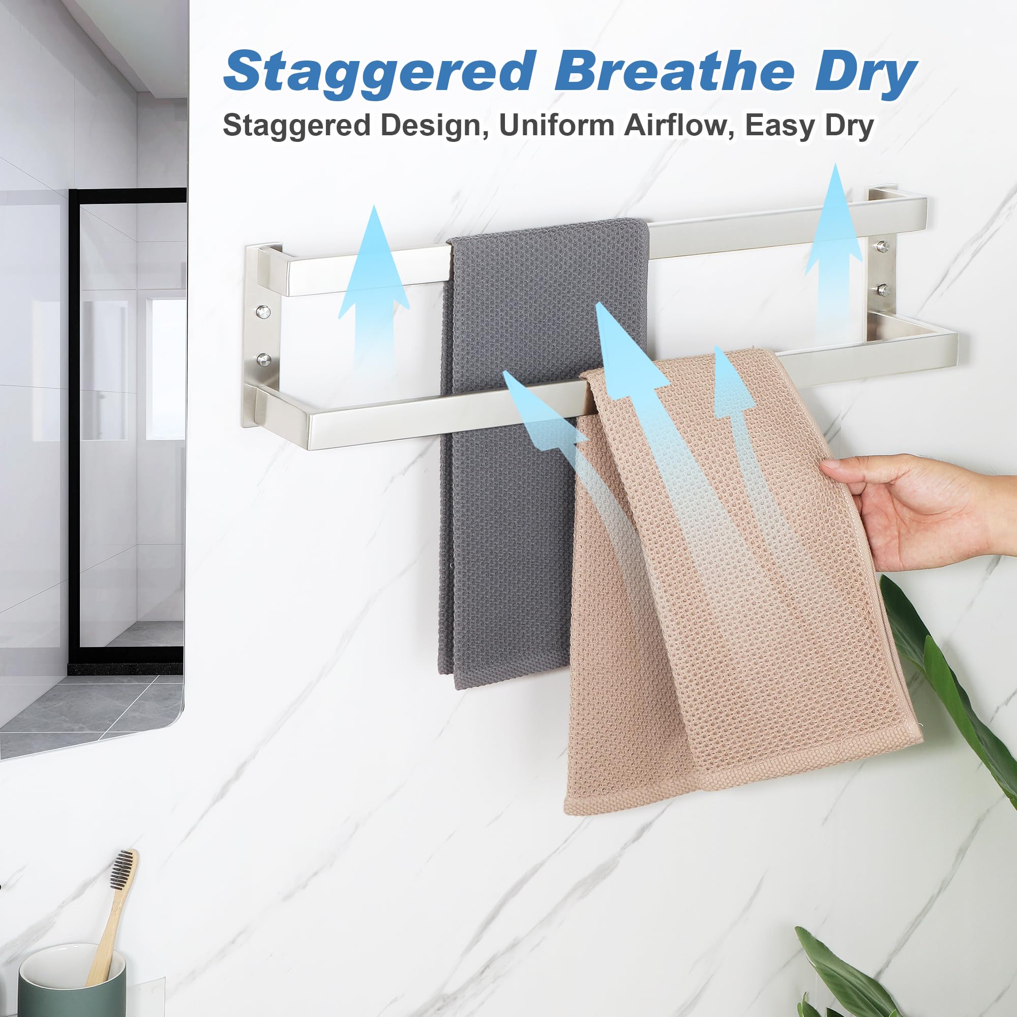 Alise Double Towel Bar 24'', Sus304 Stainless Steel Towel Racks For Bathroom Wall Mounted, Heavy Duty Bathroom Towel Holder, Spa